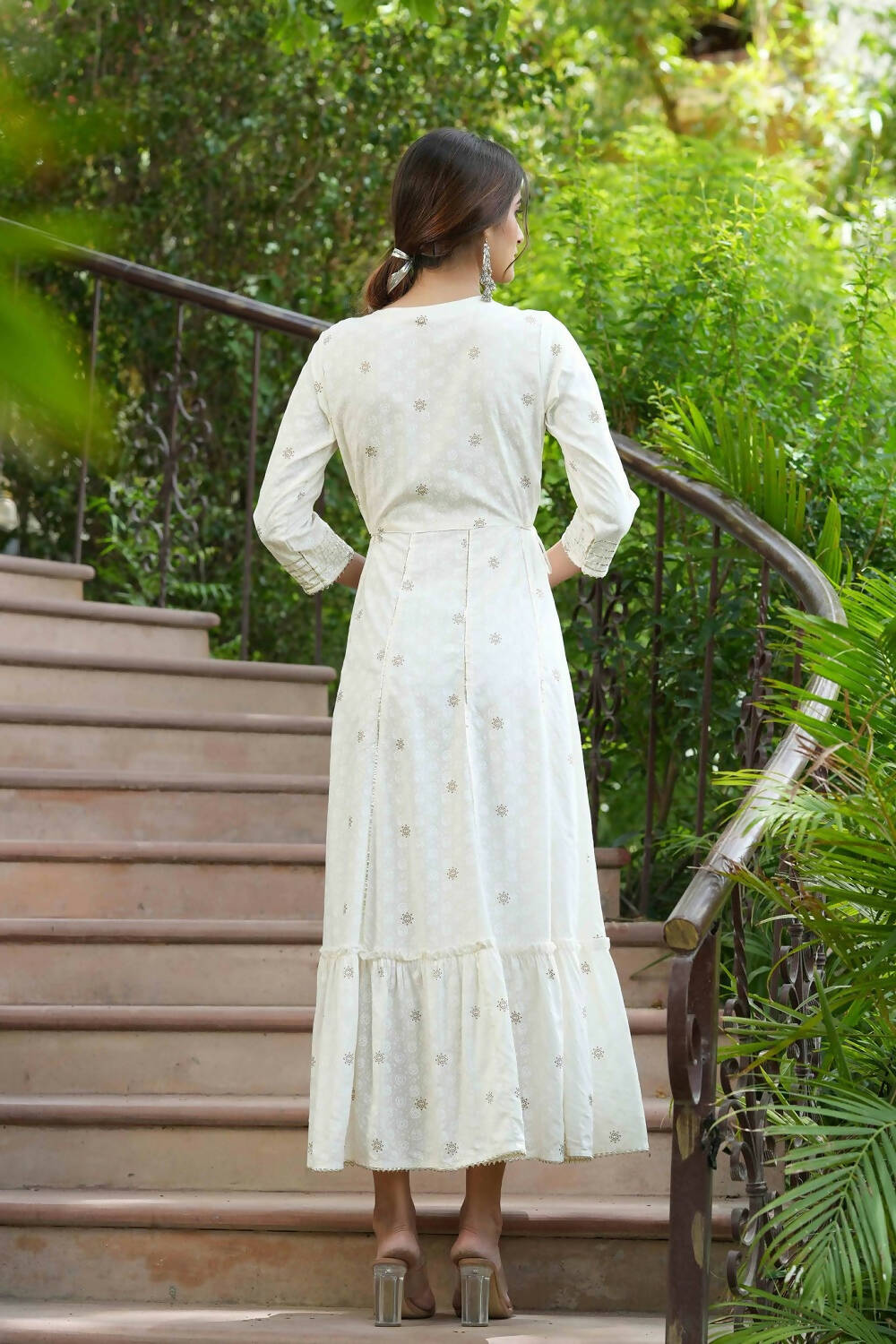 Juniper Off-White Rayon Festive Wear Embroidered A-Line Long Dress