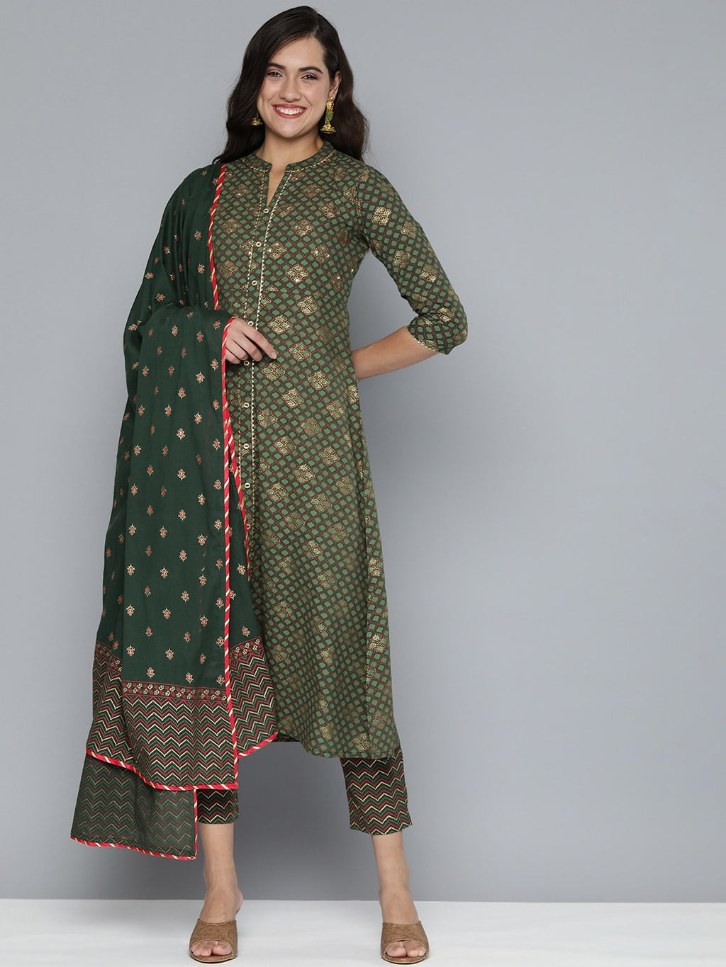 HERE&NOW Ethnic Motifs Printed Gotta Patti Pure Cotton Kurta With Trousers & With Dupatta