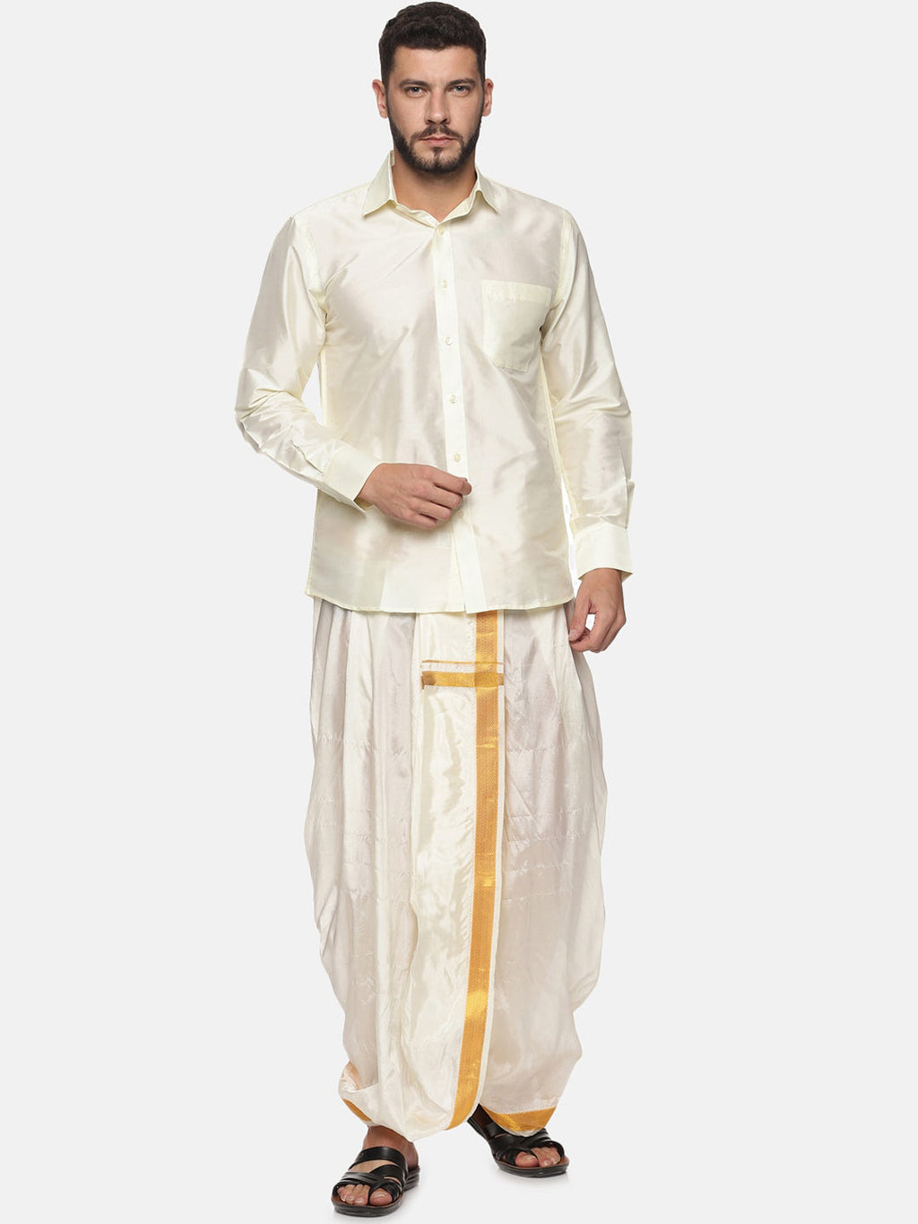 Sethukrishna Men Cream-Coloured & Gold-Coloured Solid Art Silk Dhoti Pants