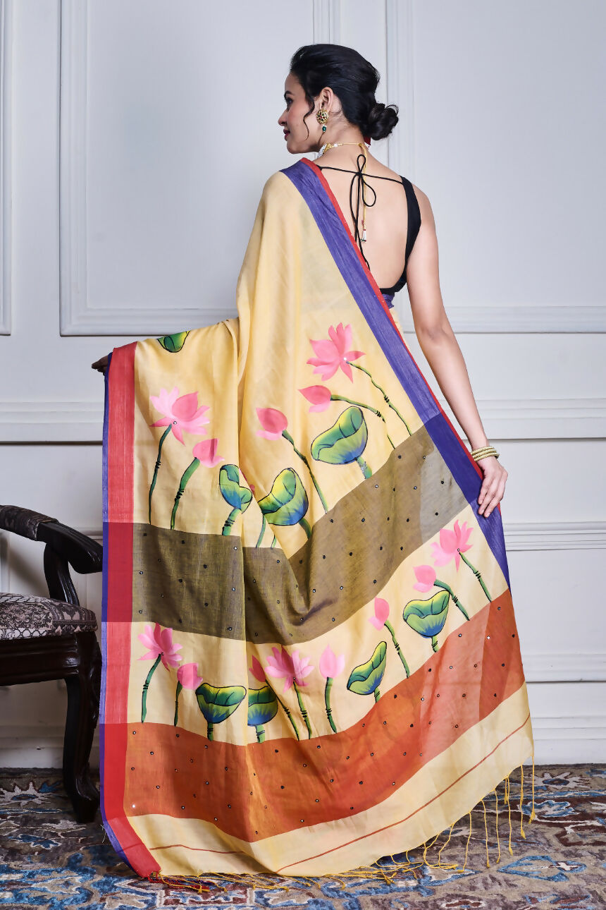 Morchari Multicolour Cotton Handloom Mirror Work Saree Unstitched Blouse