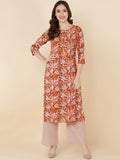 HERE&NOW Women Brown Floral Printed Sequinned Kurta with Trousers