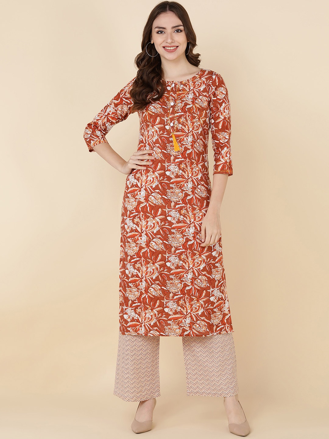 HERE&NOW Women Brown Floral Printed Sequinned Kurta with Trousers