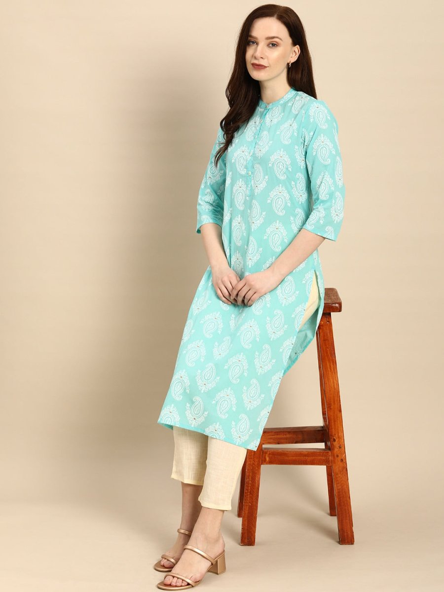 All About You Women Turquoise Blue & White Printed Pure Cotton Straight Kurta