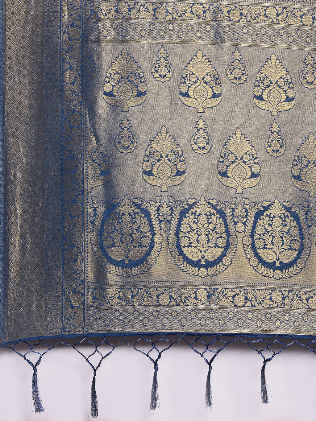 Saree Mall Navy Blue Ethnic Motifs Zari Silk Blend Banarasi Saree