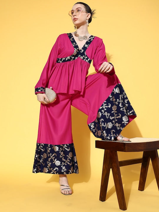 InWeave Women's Fuchsia Blue Brocade Mughal Shaan Kurta Palazzo Set