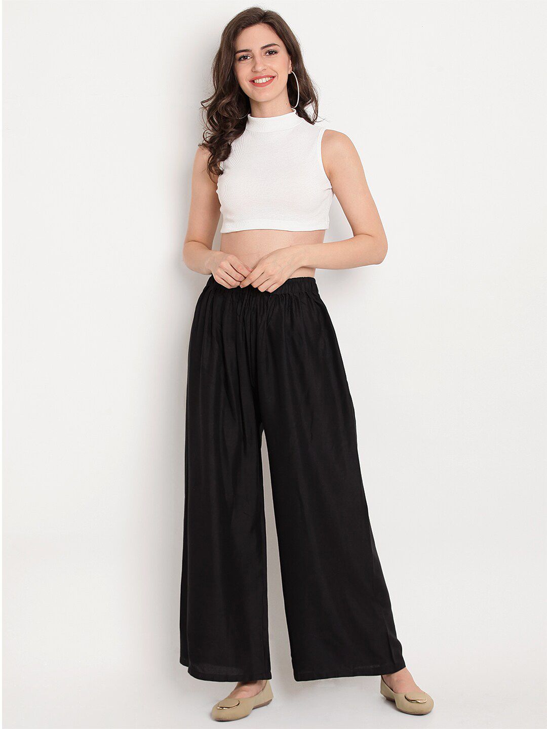 TAG 7 Women Black & Beige Set of 2 Flared Ethnic Palazzos