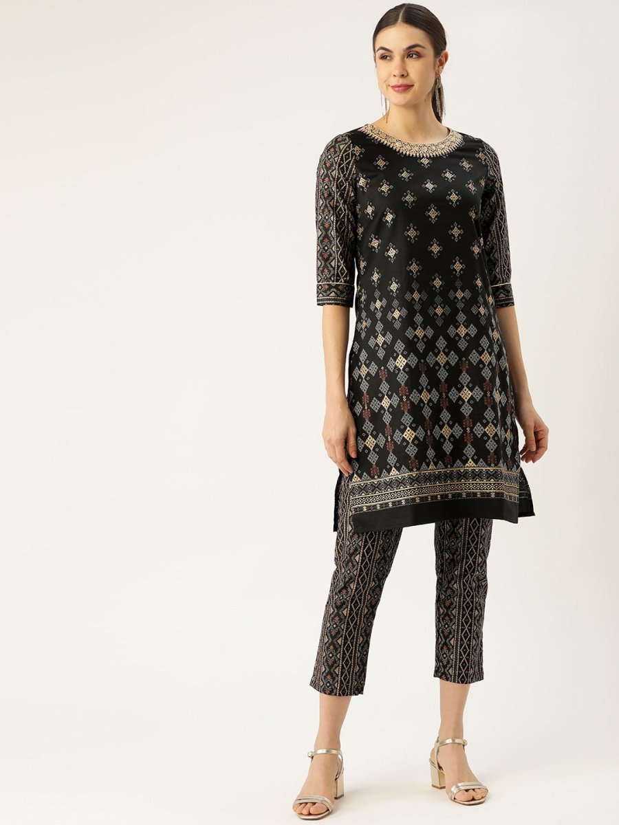 All About You Women Black & Golden Printed Sequinned Kurta with Trousers