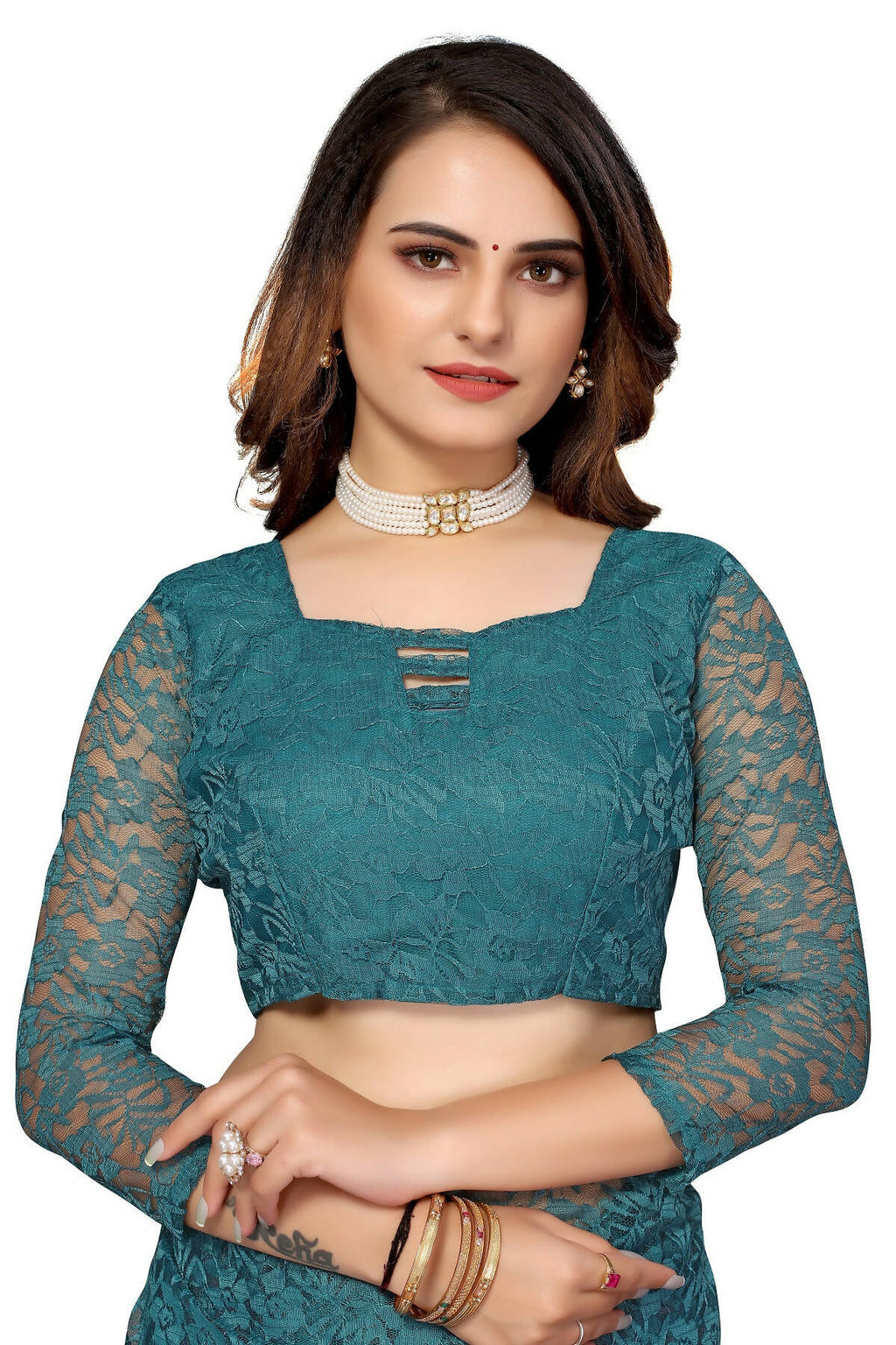 Vamika Rama Green Pearls Net Saree