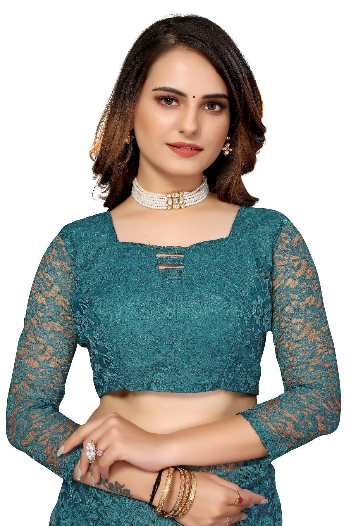 Vamika Rama Green Pearls Net Saree