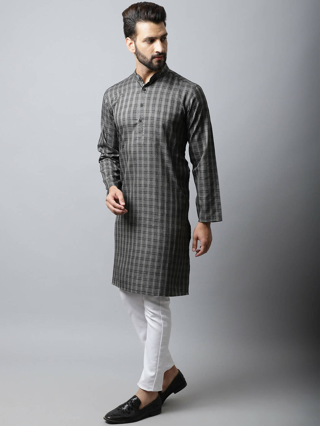 Even Apparels Brown Color Cotton Checked Men's Kurta With Band Collar (CHK1157)