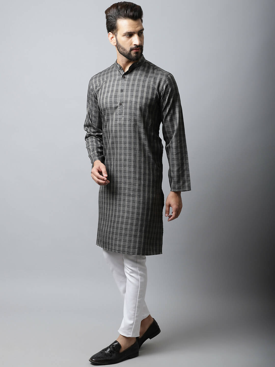 Even Apparels Brown Color Cotton Checked Men's Kurta With Band Collar (CHK1157)