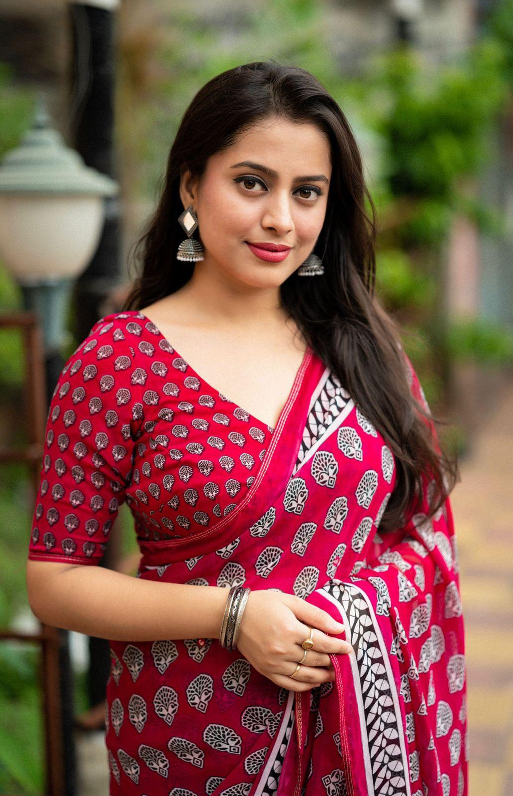 Rani Poly Georgette Ajrak Saree with Unstitched Blouse - A2M