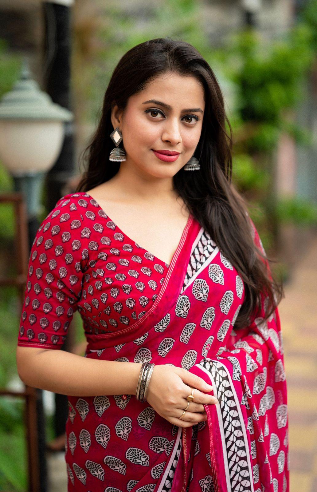 Rani Poly Georgette Ajrak Saree with Unstitched Blouse - A2M