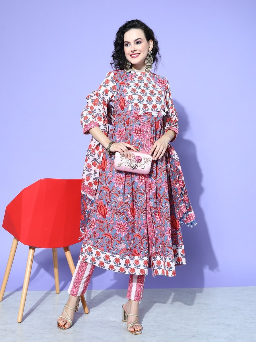 All About You Floral Printed Mirror Work Pure Cotton Kurta With Trousers & Dupatta