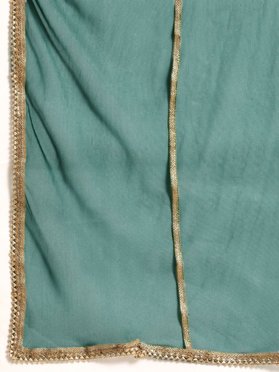 All About You Women Teal Green Solid V-Neck Anarkali Kurta with Trousers & Dupatta