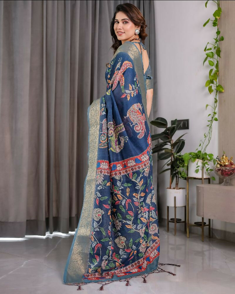 PR Fashion Blue Pure Handloom Linen Saree