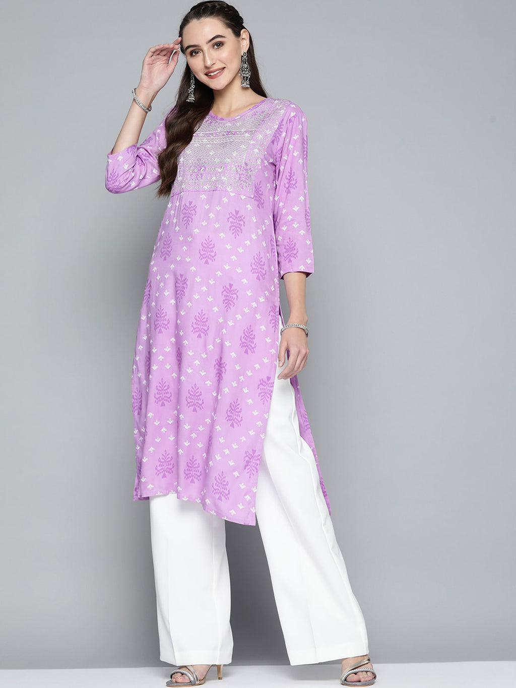 HERE&NOW Women Purple & White Ethnic Motifs Printed Embroidered Work Kurta