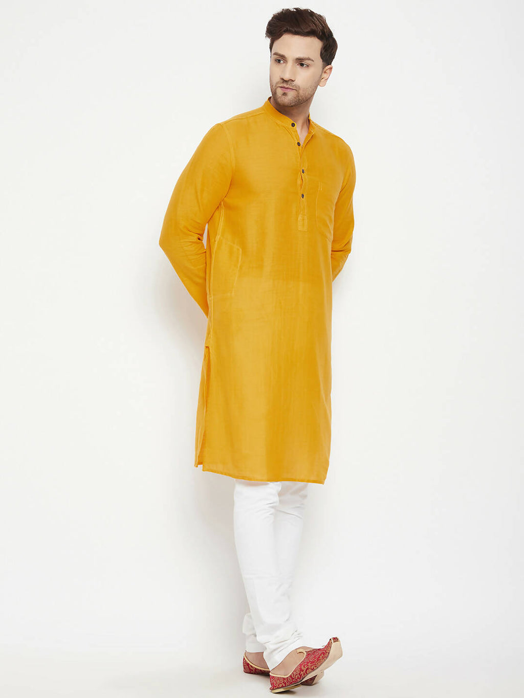 Even Apparels Yellow Pure Cotton Long Men's Kurta With Band Collar