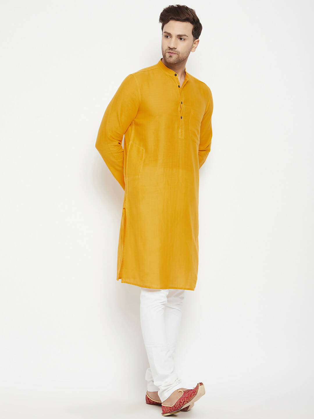 Even Apparels Yellow Pure Cotton Long Men's Kurta With Band Collar
