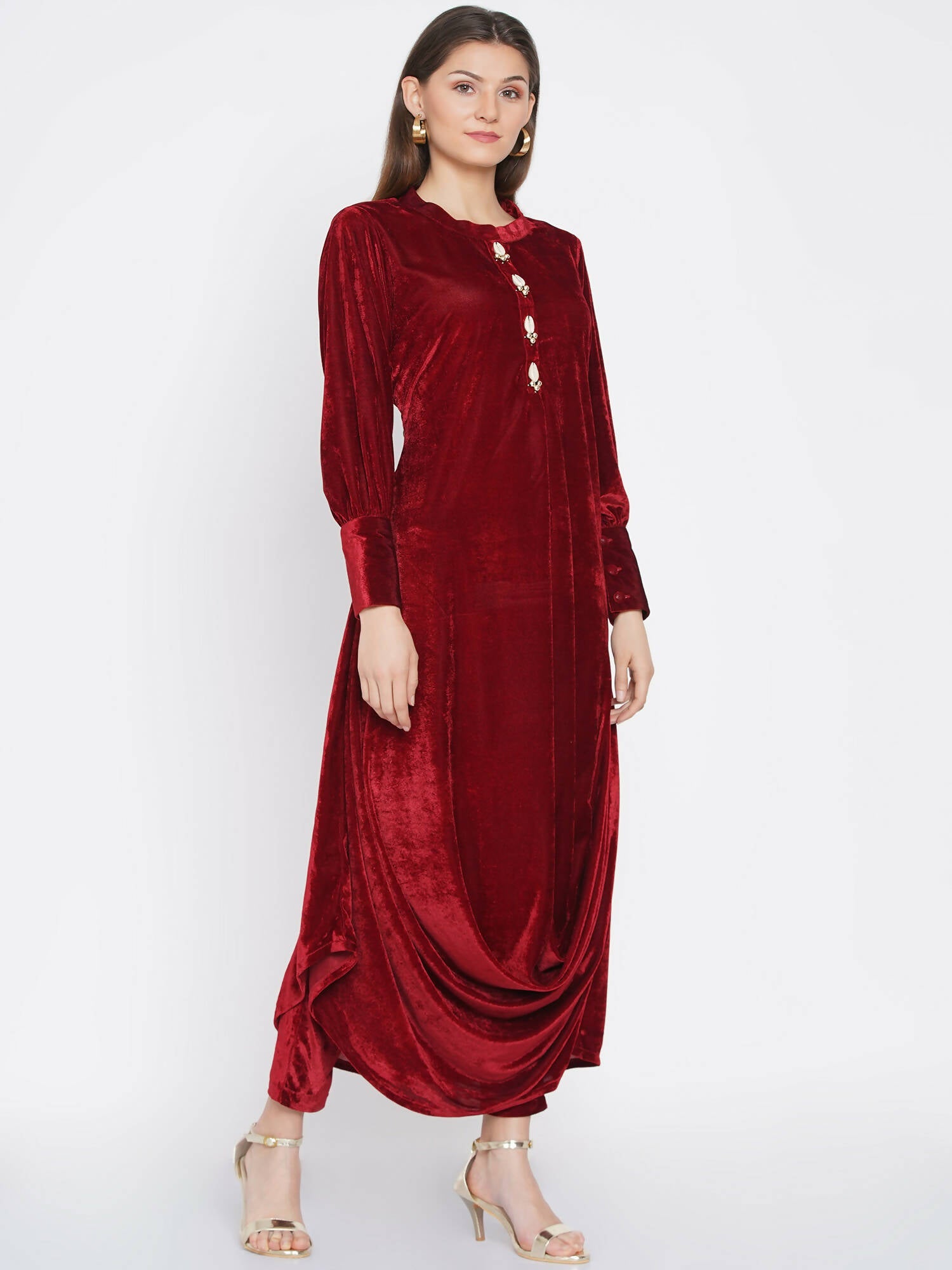Women Republic Maroon Velvet Cowl Style Kurta With Pants