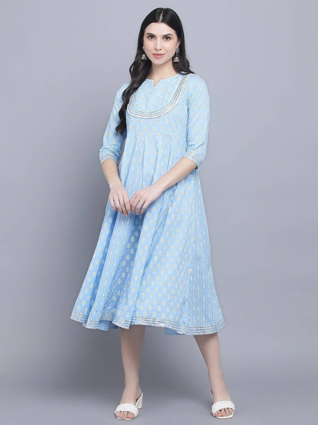 Myshka Women's Blue Ethnic Motifs Empire Midi Dress