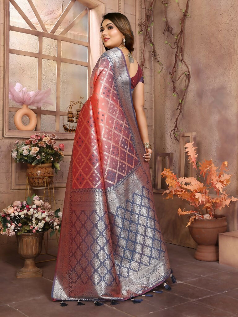 Anaita Peach kochi Silk With Beautiful Checks Weaving Saree With Blouse