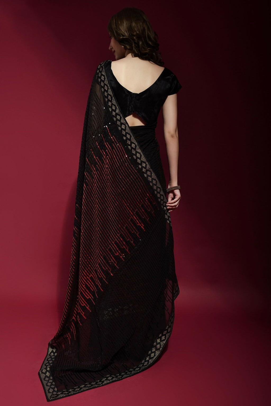 Vegaa Fashion Black Georgette Embroidered Party Wear Saree