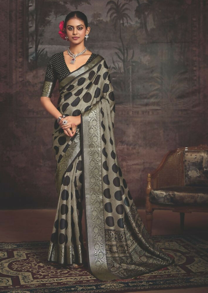 Joban Fashion Dark Grey Dola Tussar Silk Self Jacquard Border Saree