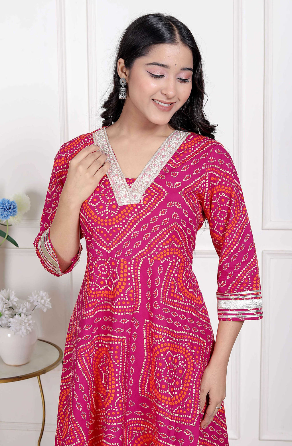 Miravan Women's Pink Cotton Bandhani Ethnic Anarkali Kurta