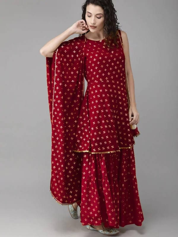 Vamika Printed Rayon Maroon Party Wear/Casual Wear Kurta Set/Suit
