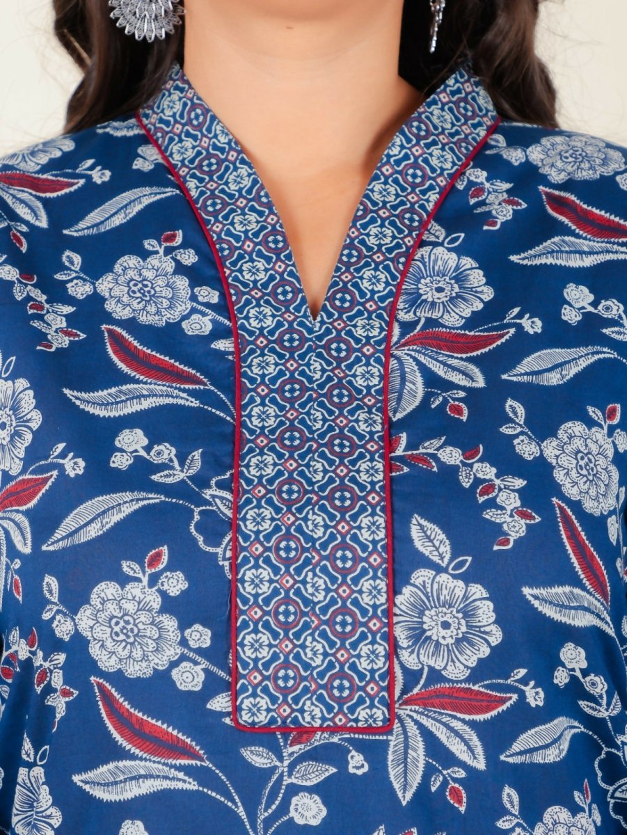 Aramya Blue Soft Cotton Floral Straight Kurta for Women