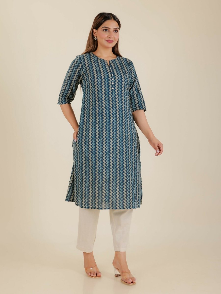Aramya Blue Soft Cotton Chevron Print A-line Kurta Set for Women