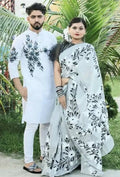 Exclusive Collection Elegant Hand Printing Designe On Pure Cotton Saree And Men's Kurta - White