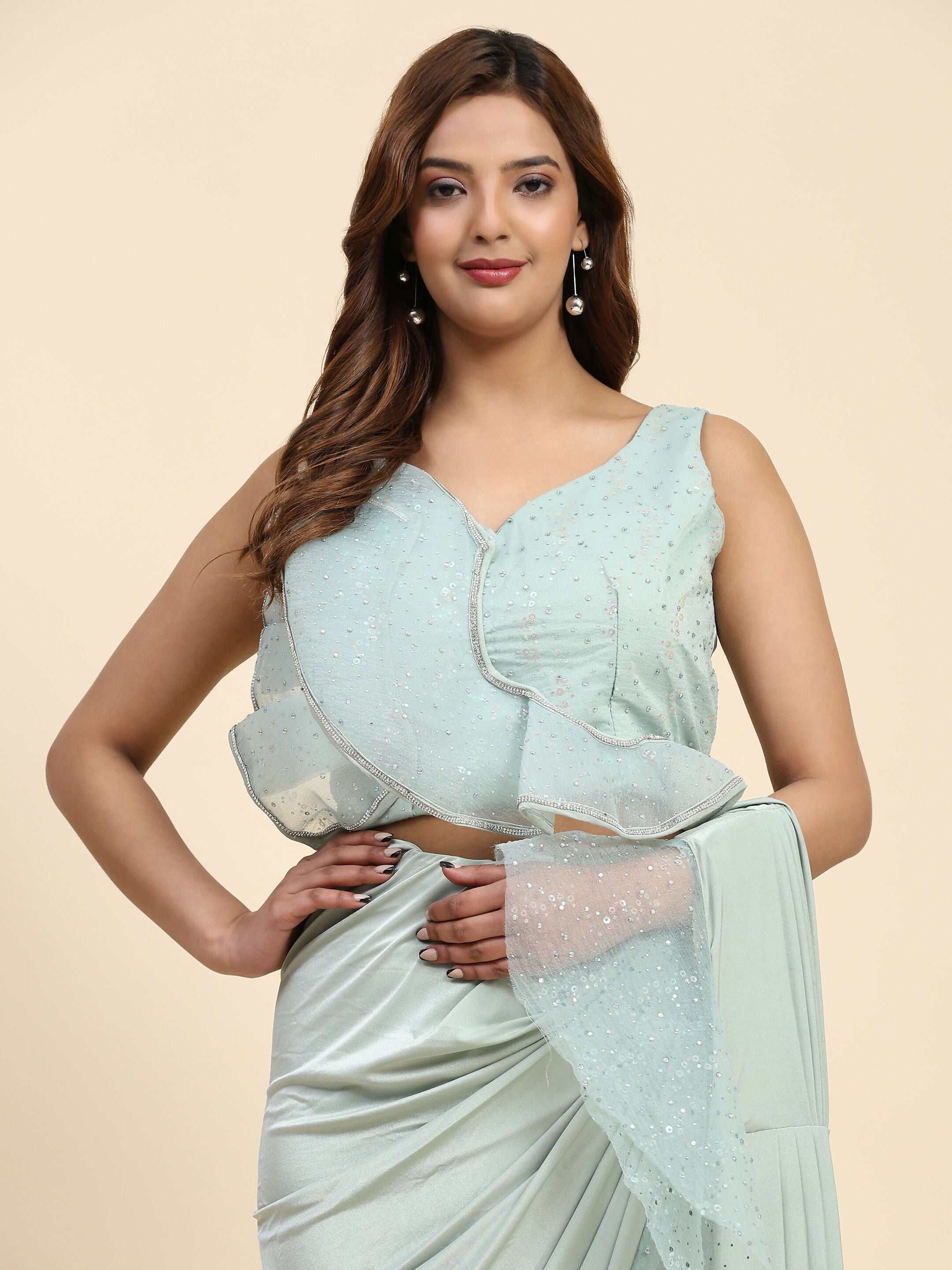 Light Blue Lycra Solid Ready to Wear Saree with stitched Blouse - Nita