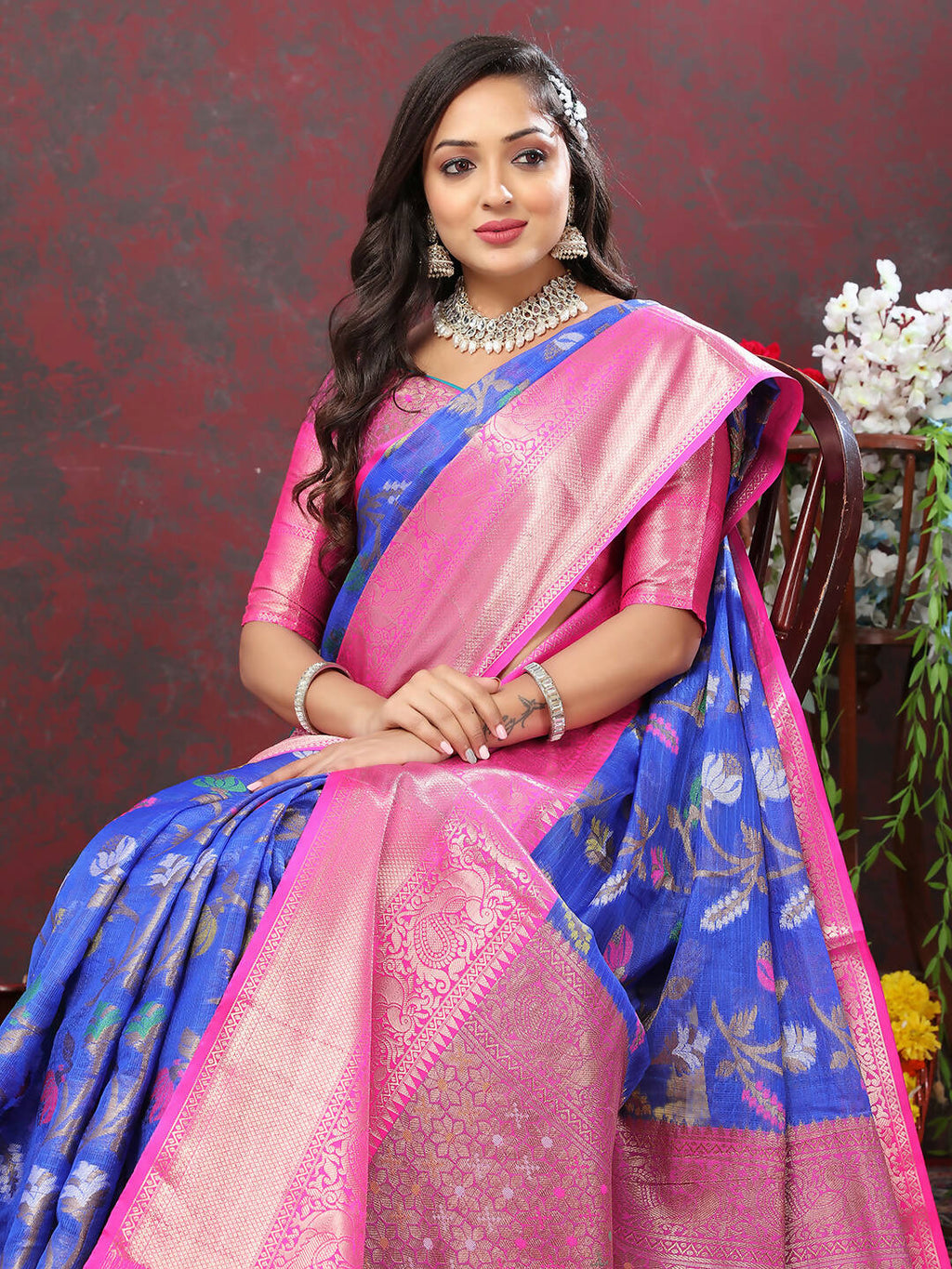 Lorenvalley Fashion Blue Cotton Woven Design Zari Meenakari Weaving Saree