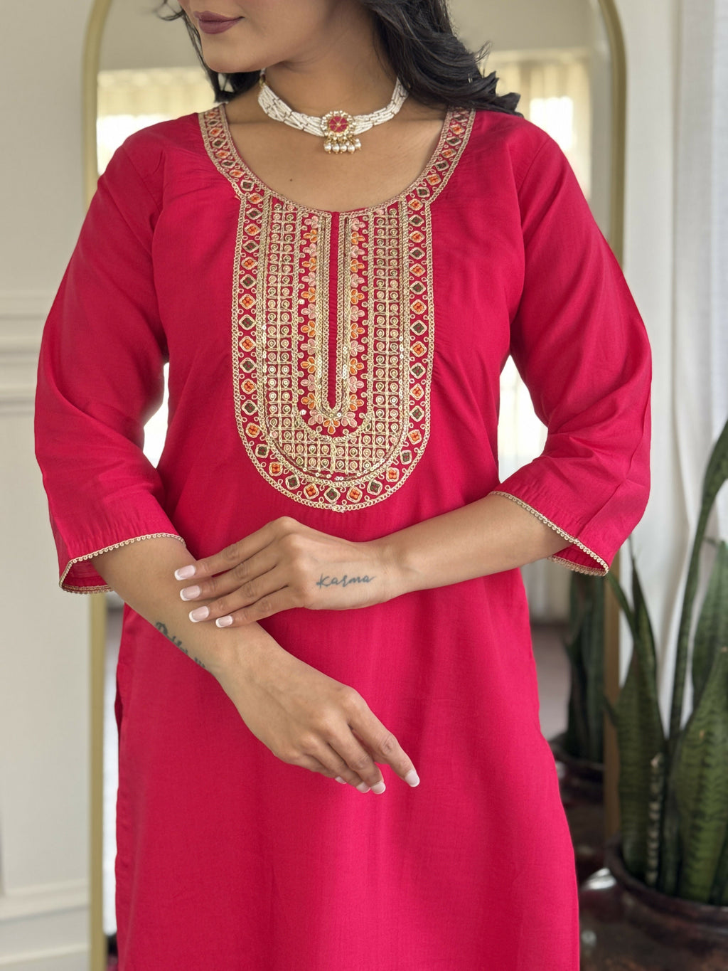 The52 Rani Gorgeous Embroidered Chanderi Silk Fabric Straight Kurta Pant with Dupatta Set