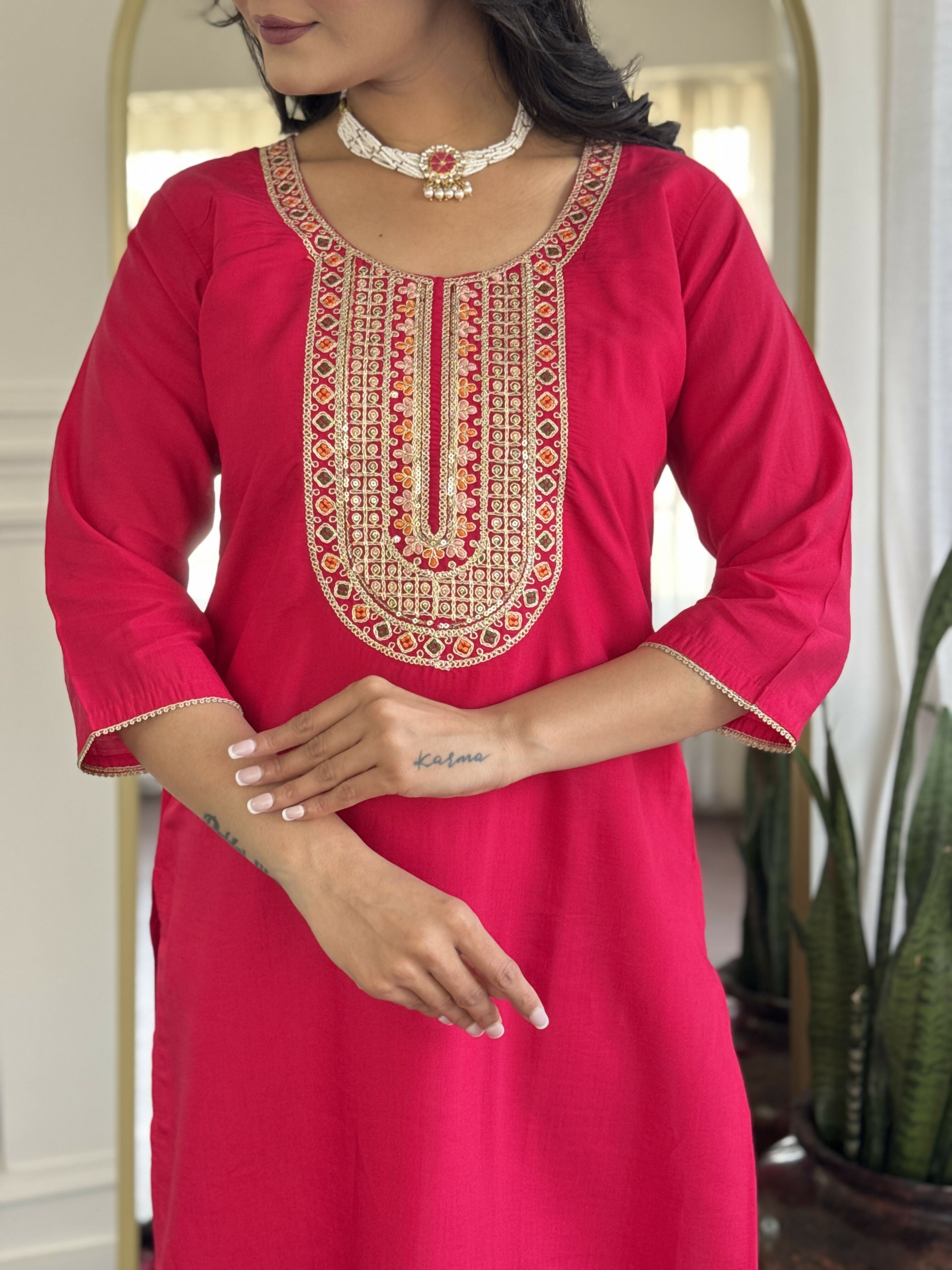 The52 Rani Gorgeous Embroidered Chanderi Silk Fabric Straight Kurta Pant with Dupatta Set