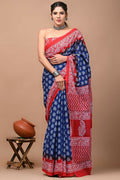 Exclusive Collection Blue Red Beautiful Mulmul Cotton Saree