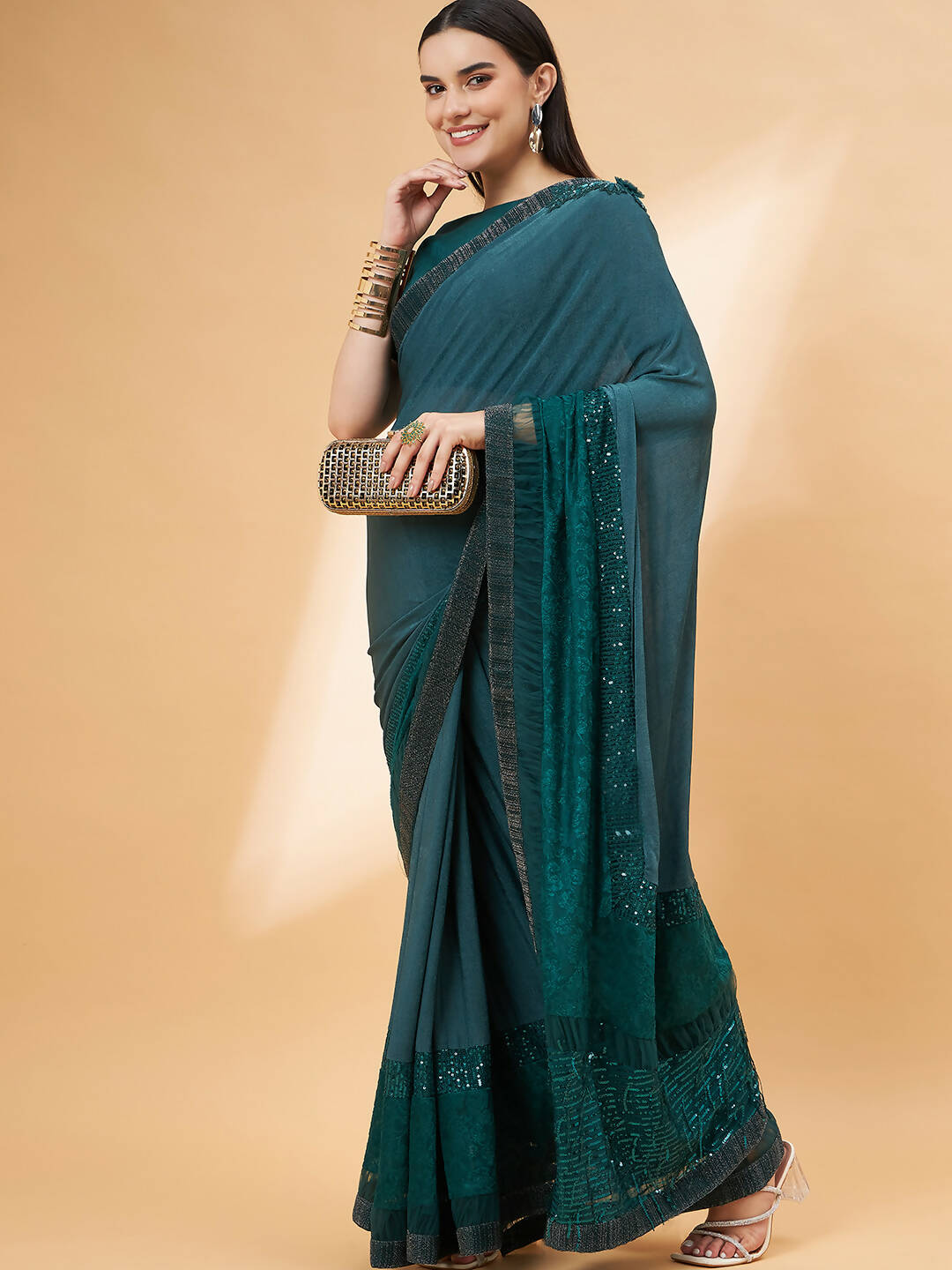 Green Lycra Flock Work, Seuqins Embroidery, Handwork Shoulder Butta Saree - Norita Hit Design
