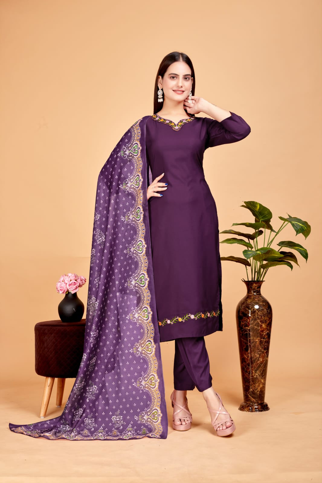 Women's Embroidered Purple Kurta Set with Dupatta Set - A2M