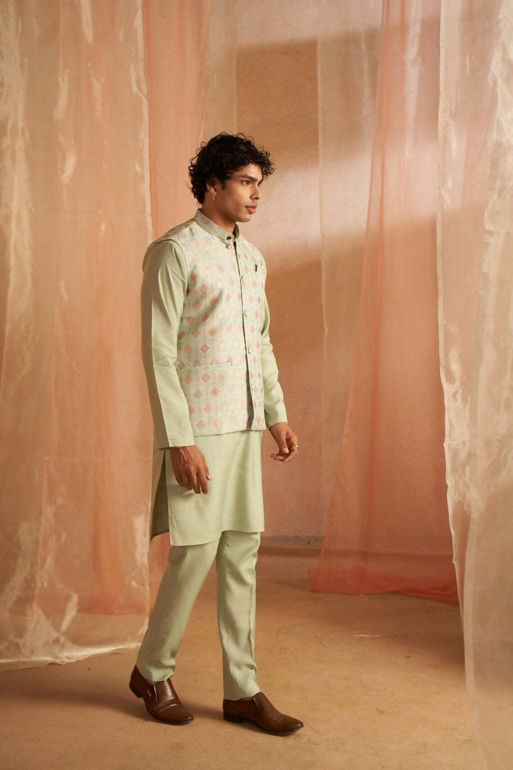 Pista Viscose Designer Printed Men's Kurta Set with Koti - Mahotsav