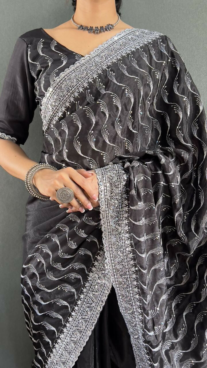 Vastranavya Black Chinnon Silk Embroidery Multi Sequence & Arco Cut Work Ready to Wear Saree