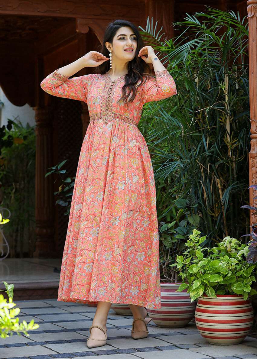 Kaajh Women's Light Orange Floral Handblock Printed Cotton Dress
