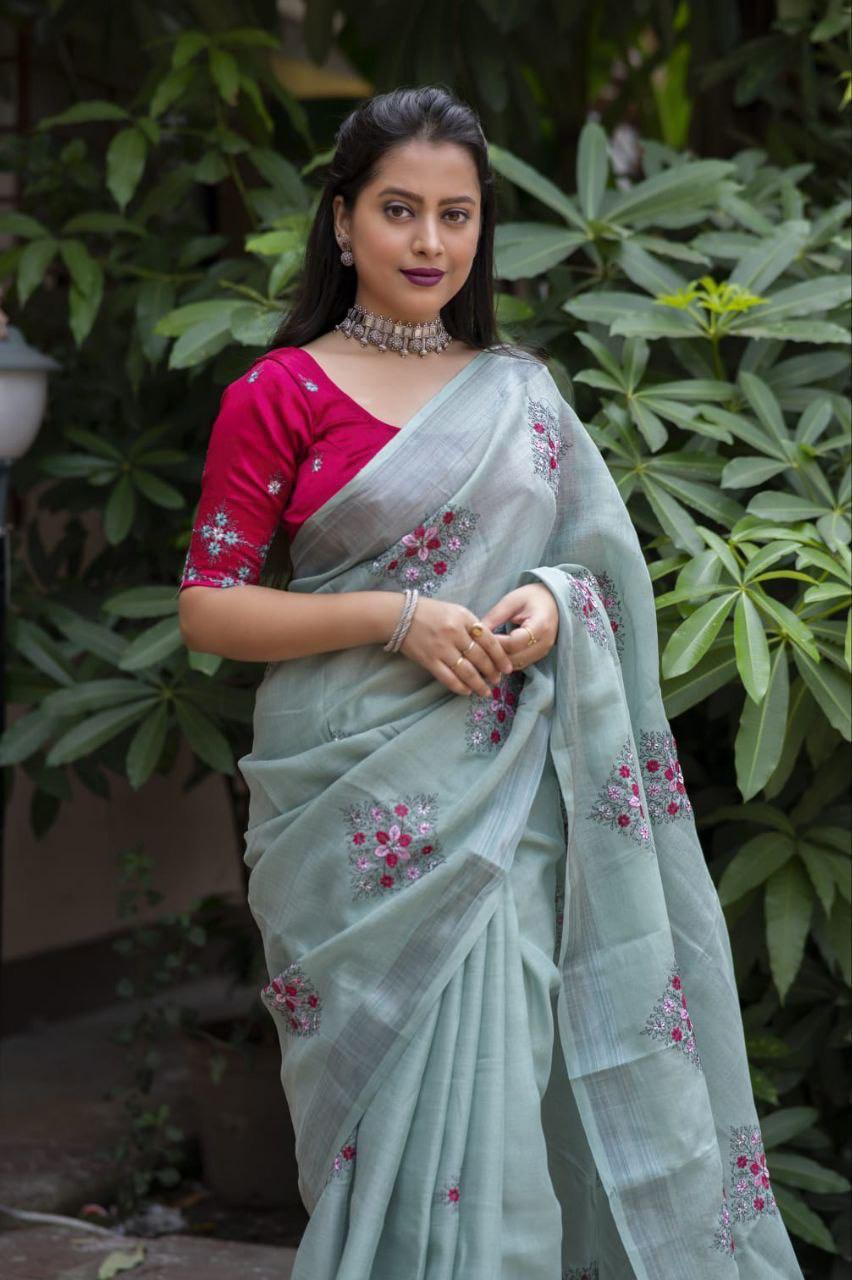 Pine Pure Linen Ethnic Motifs Saree with Unstitched Blouse - Hiral Fashion