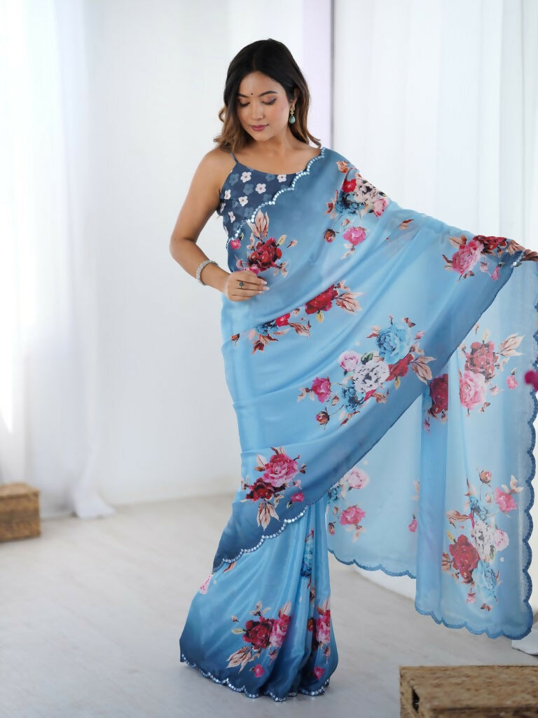 Blue Chinon Designer Digital Printed,Mirror Cut Work Saree - Elayna