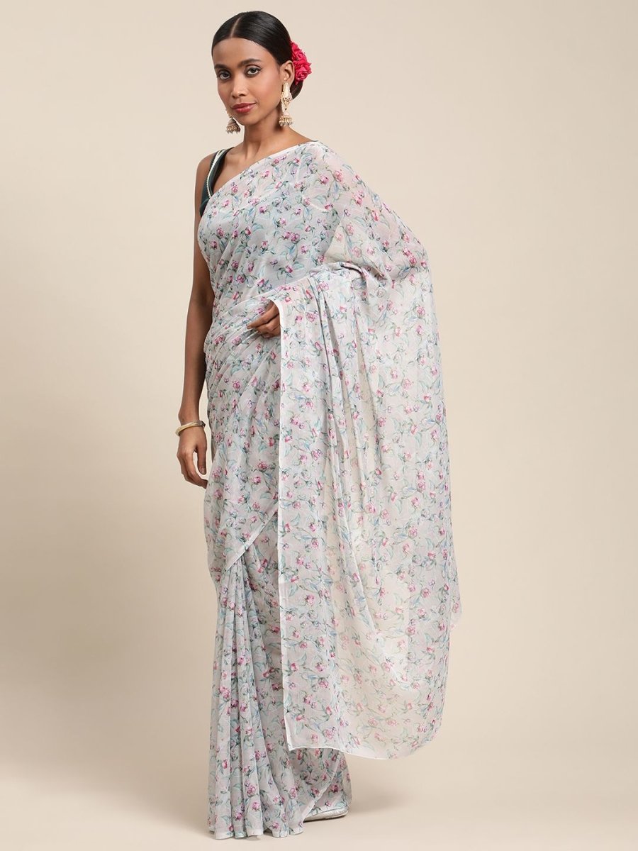 Ahalyaa Women's Grey Chiffon Digital Print Floral Saree