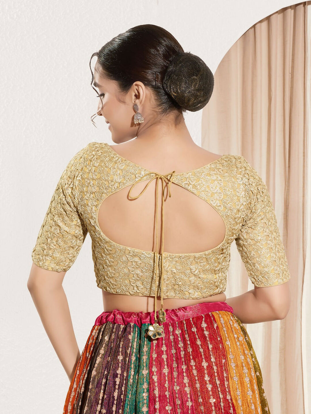 Joban Fashion Gold Crochet Padded Blouse With Sweetheart Neck Elbow Sleeves