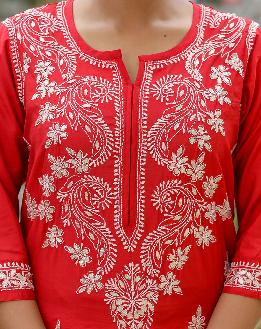 Kaajh Women's Red Chikhankari Embroidered Kurta Pant Set