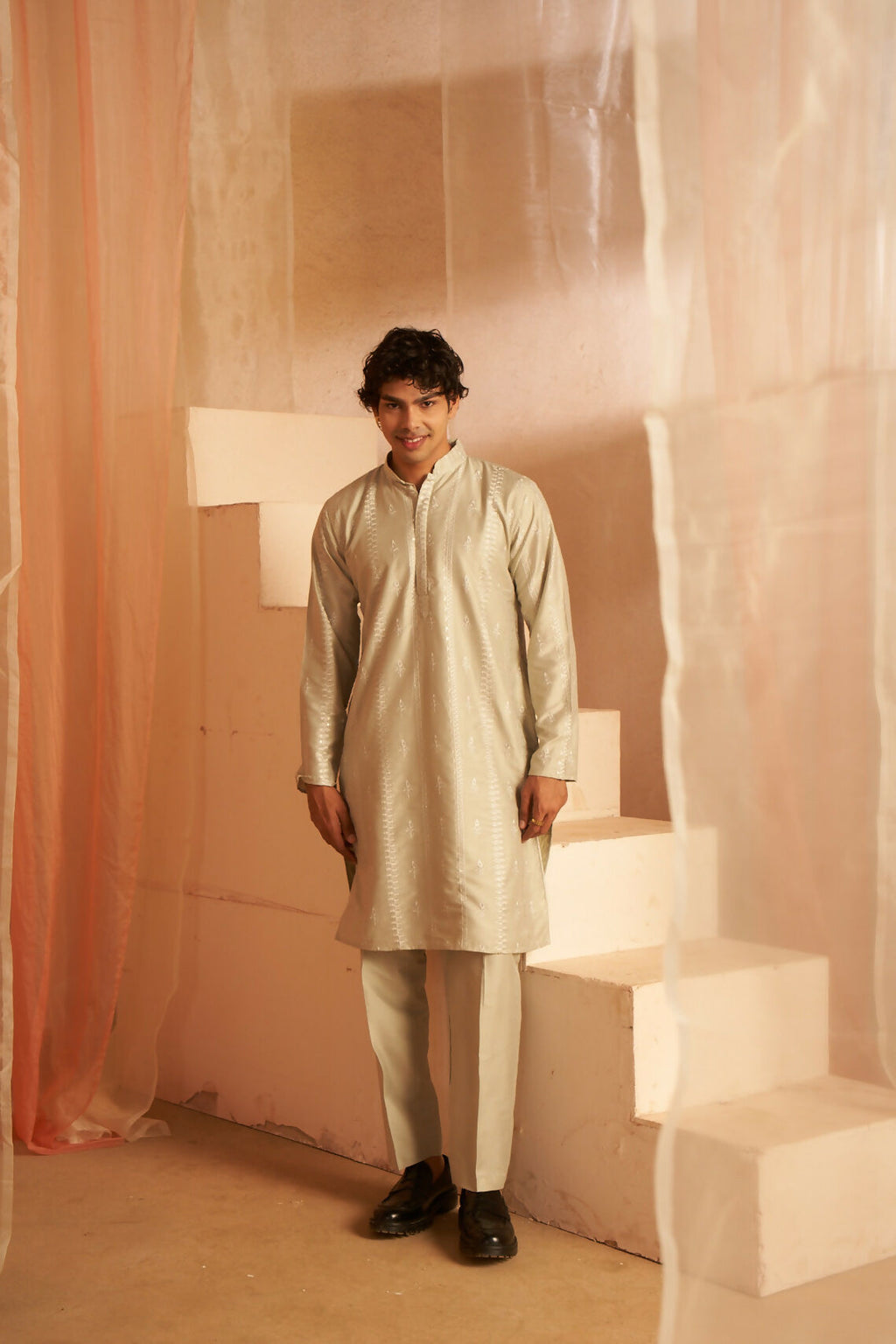 Light Green Silk Designer Embroidery Work Men's Kurta Set - Mahotsav