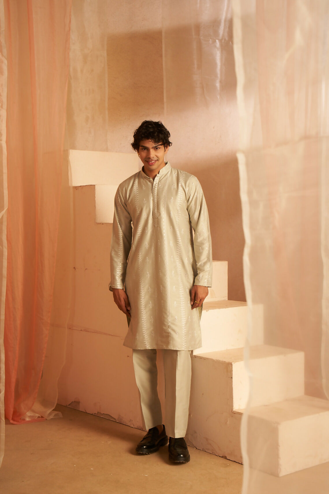 Light Green Silk Designer Embroidery Work Men's Kurta Set - Mahotsav